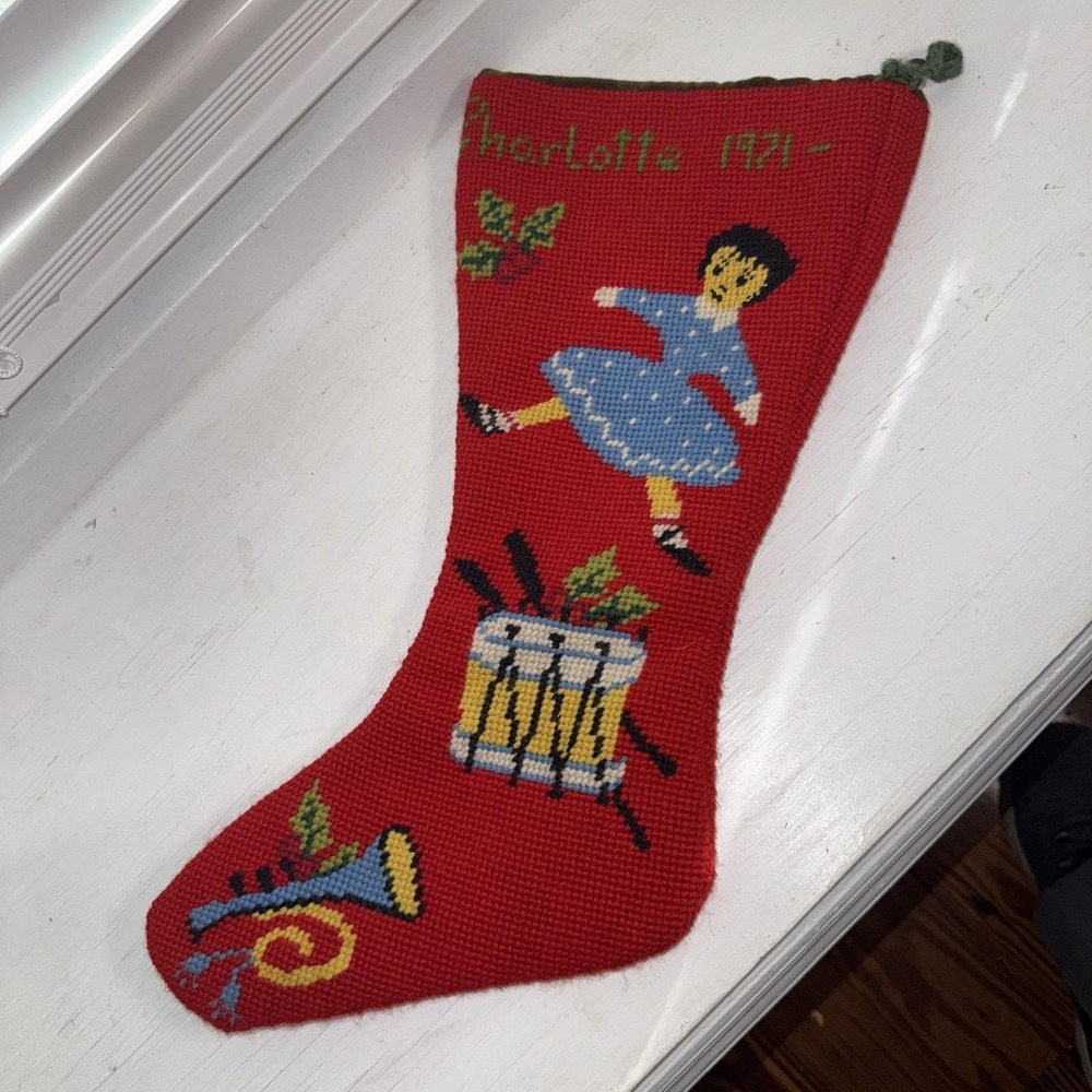 1971 VTG‎ Handmade Needlepoint Christmas Stocking Music Gifts Doll 16" Charlotte